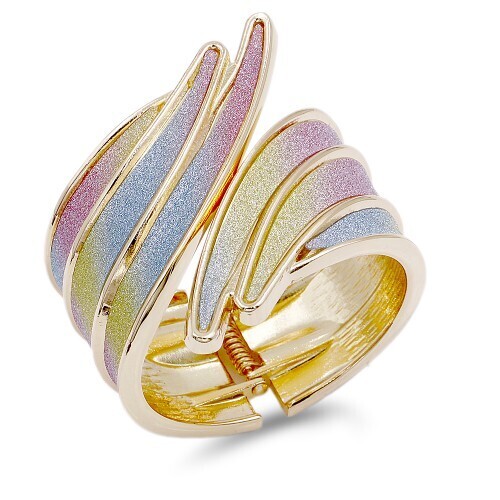 BG5133-MT   Gold Plate w/ Rainbow Glitter Wing Cuff Bangle
