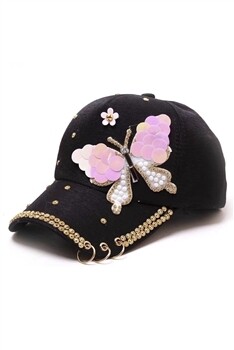 C0100   Butterfly Rhinestone Sequins Hat   Black