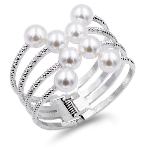 BG5319-GD   Gold Tone Pearl Hinged Bangles