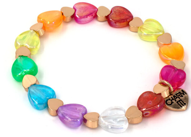 Charm It!   Gold Rainbow Heart Bead Stretch Bracelet