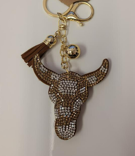 KC444x577   Rhinestone Bull Head Keychain  Color:Brown