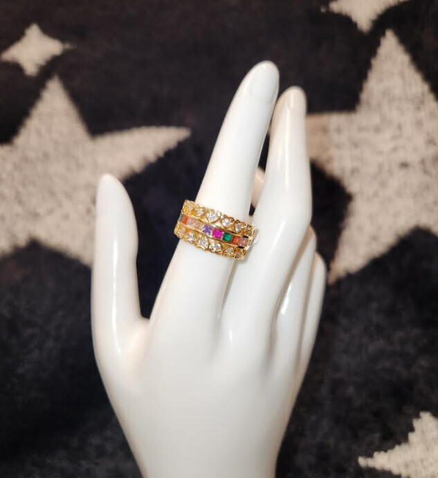 Gold Colorful Stone with heart border ring