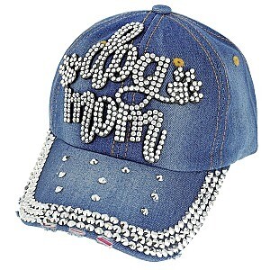 Cute Dog Mom w/ Dog Paw Rhinestone Distressed Denim Baseball Cap