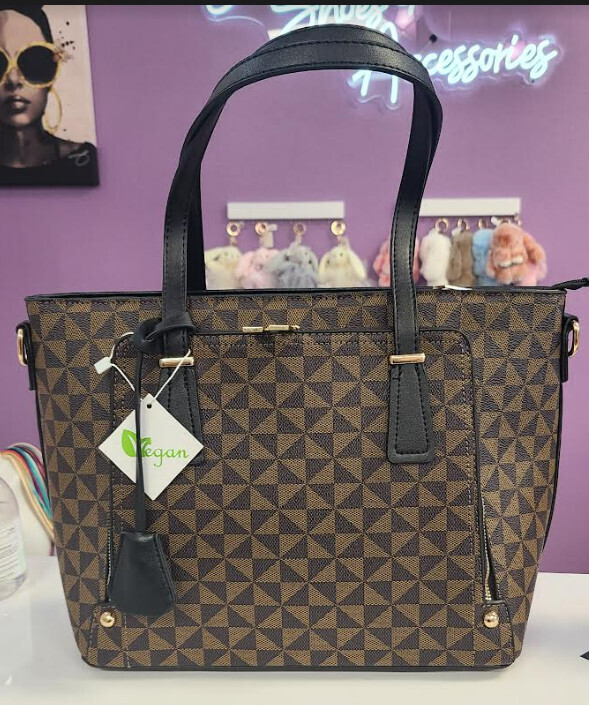 51916   3 IN 1 Modern Monogram Tote Crossbody And Clutch Set   Brown