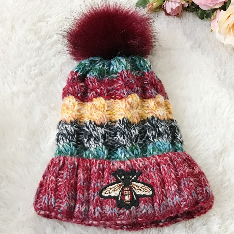 C0243   Bee Pompom Knitted Hat   Wine