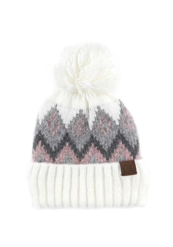 Hat-3816   Aztec Chevreon Pattern Beanie with Pom Ivory