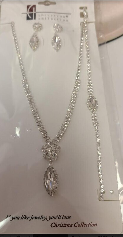 S19587 Teardrop Rhinestone Teardrop Necklace w Bracelet Set Silver