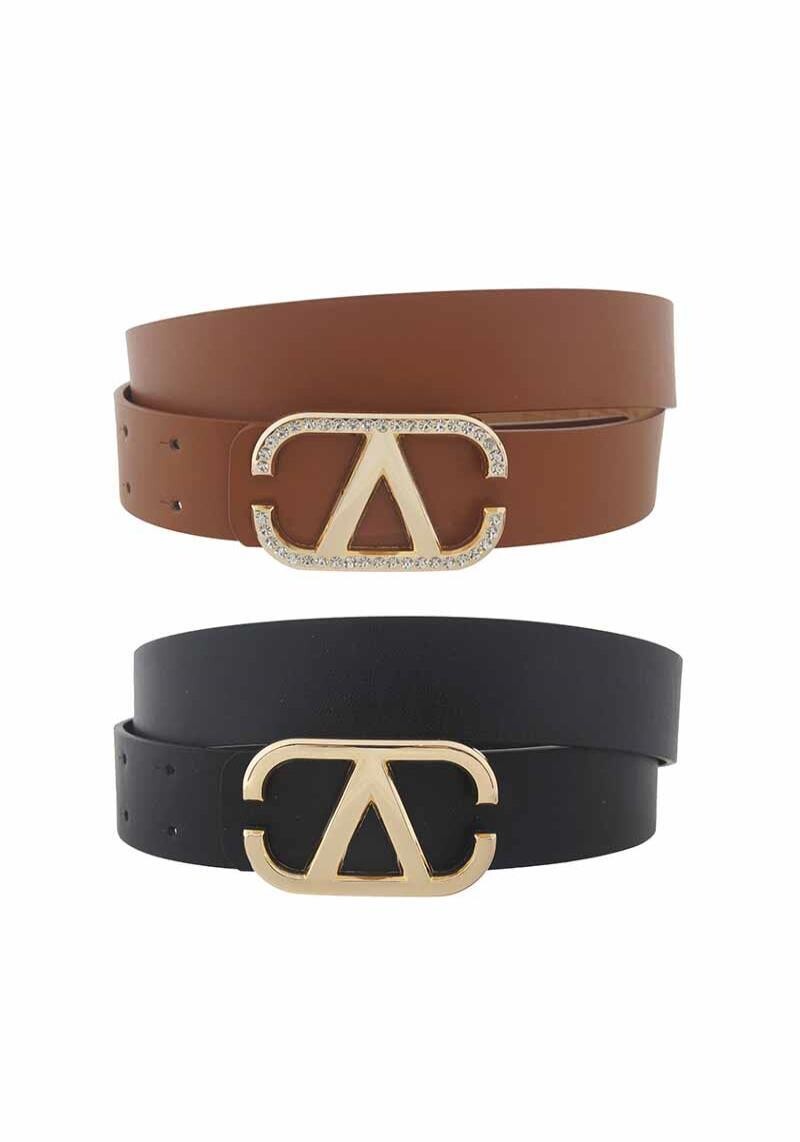 2IW-33209RS PLUS  Plus size Plain &amp; Rhinestone Mix V Buckle Duo Belt