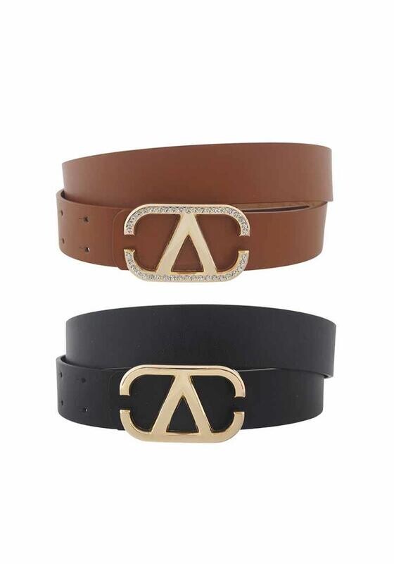 2IW-33209RS PLUS  Plus size Plain &amp; Rhinestone Mix V Buckle Duo Belt