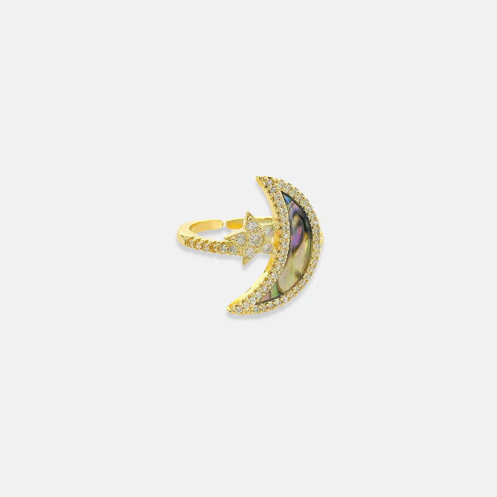 LRN163   Natural Stone Moon &amp; Star Ring   Blk Mother of Pearl
