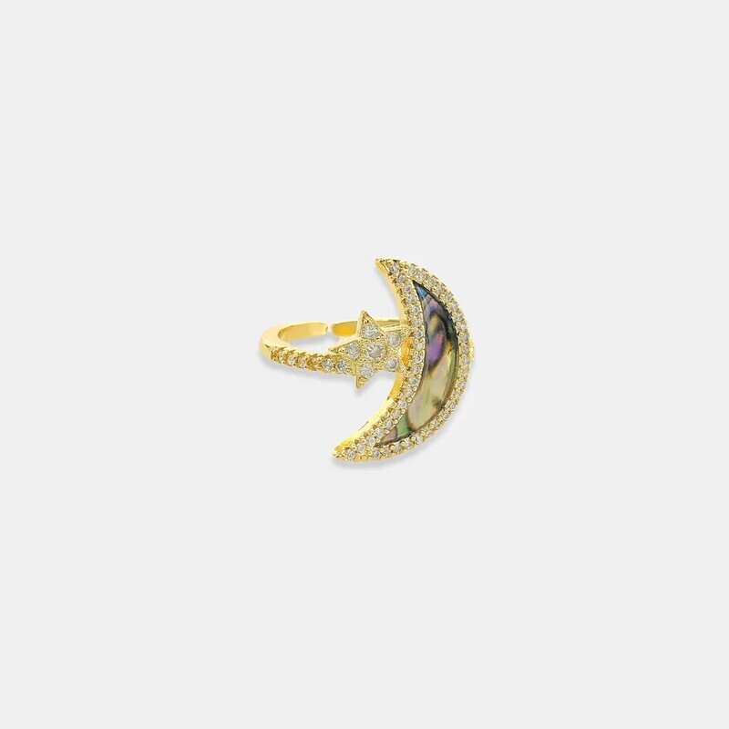 LRN163   Natural Stone Moon &amp; Star Ring   Blk Mother of Pearl