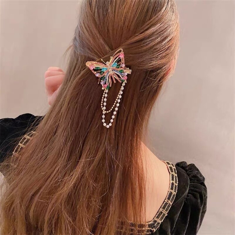 L3561   Butterfly Rhinestone Tassel Hair Clip