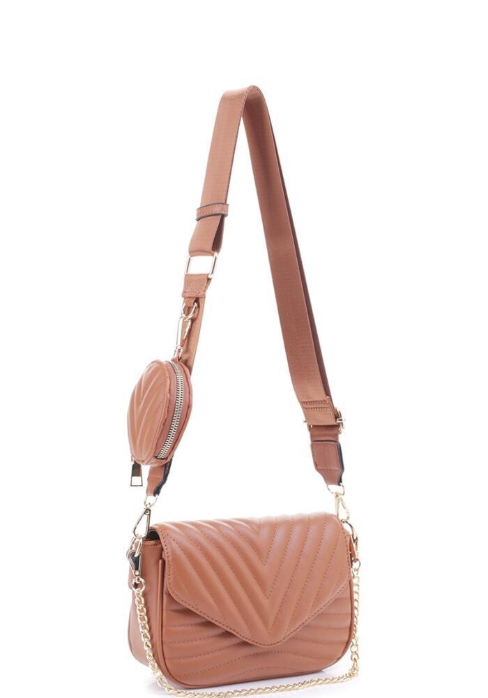 DX-21042 2in1 Chevron Pattern Crossbody W/Coin Purse Set, Color: Cognac