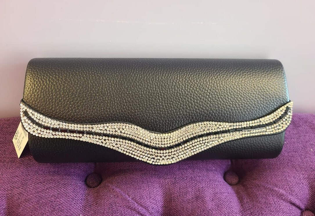 Faux Leather Clutch w/ Half Rhinestone Flap, Color: Black