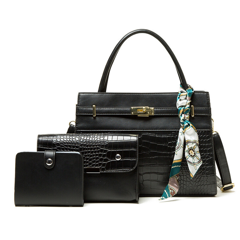 LH2-17686-1   3 In 1 Crocodile Pattern Scarfed Satchel Set, Color: Black
