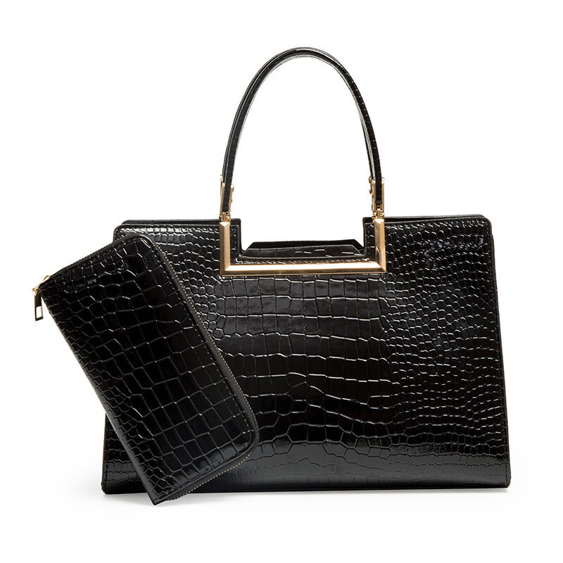 LH2-18066   2 in 1 Crocodile Pattern Satchel Set  , Color: Black