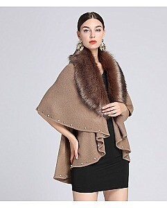 Pearl &amp; Studded Soft Faux Fur Poncho Dressy Scarf, Color: Khaki