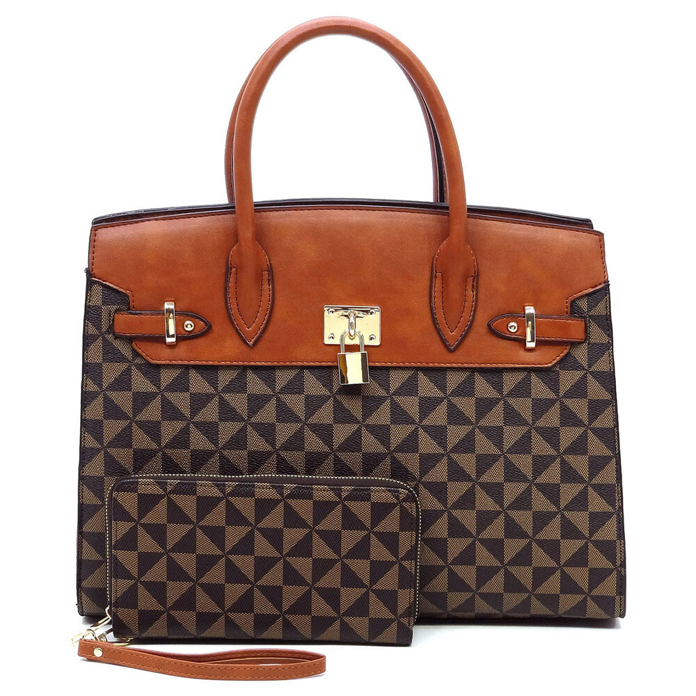 PM2699   PM Monogram Pad-lock 2-in-1 Satchel Set  , Color: Coffee/Tan
