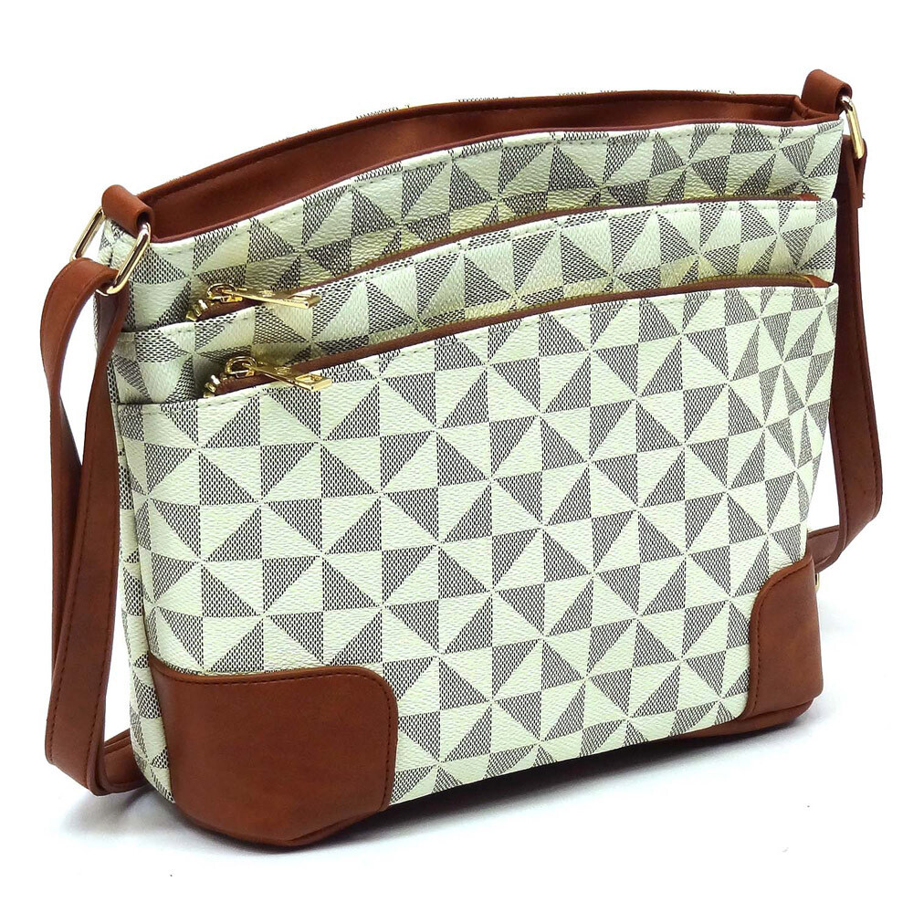 PM749   Monogram Multi Zippered Pocket Crossbody Bag  , Color: Ivory/Tan
