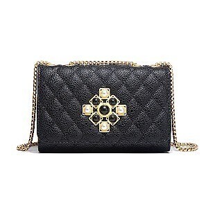Quilted Pearl Accent Chained Shoulder Bag , Color: Black