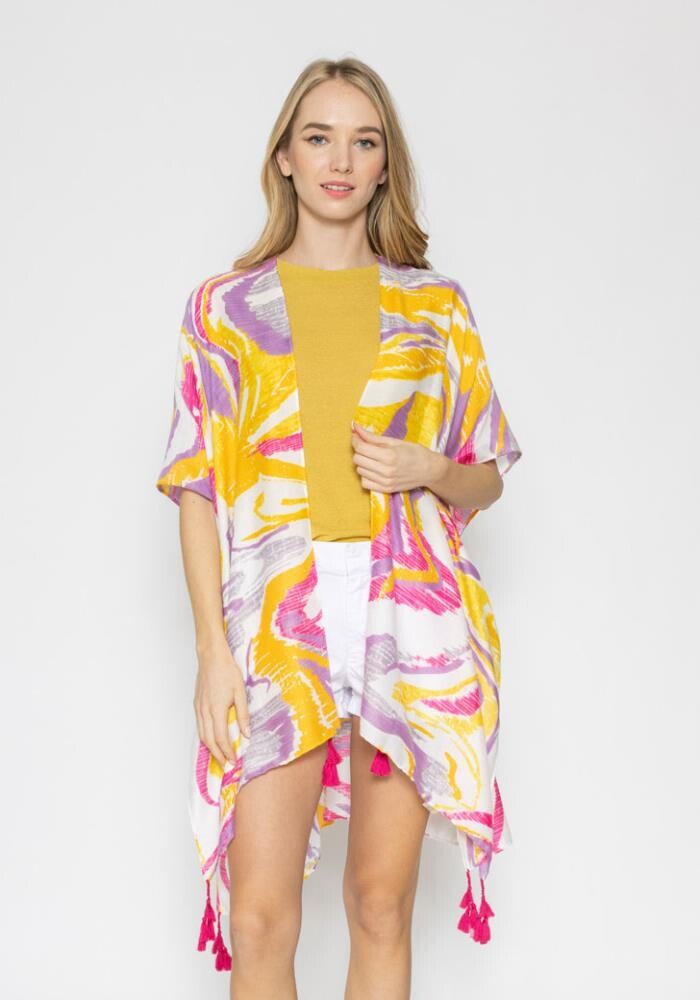 YLK-210086 Abstract Kimono W/Tassels, Size: Pink