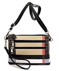 Zipped Plaid Check Wristlet Clutch Bag Cross Body Wristlet , Color: Black
