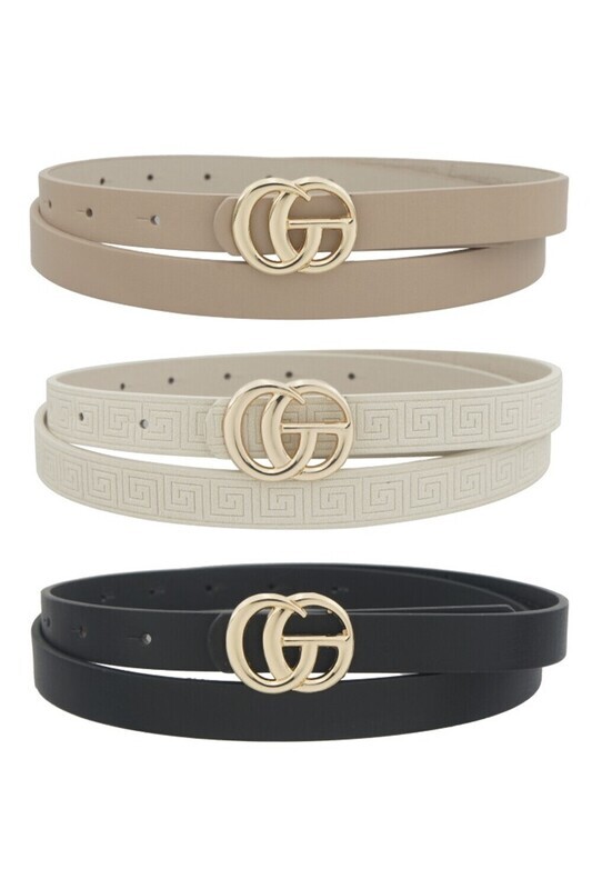 3IW-17206K912   Solid &amp; Greek Key Eboss Trio Skinny Nubuck go buckle belt