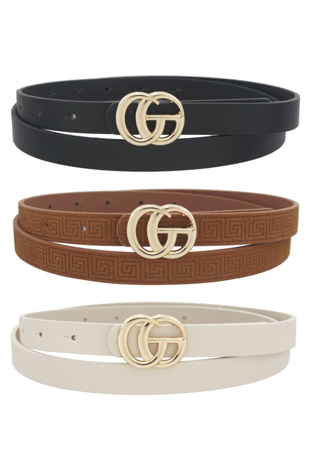 3IW-17206K912   Solid &amp; Greek Key Eboss Trio Skinny Nubuck go buckle belt