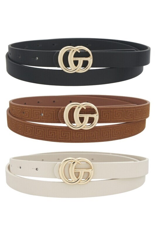 3IW-17206K912   Solid &amp; Greek Key Eboss Trio Skinny Nubuck go buckle belt