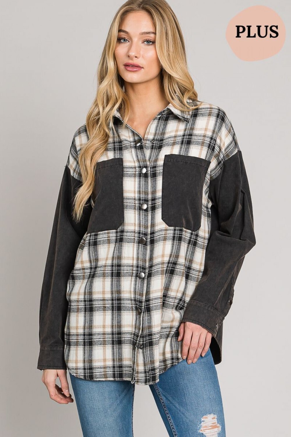 ET1401Plus  Washed Button Down Plaid Mixed Shirt, Color: Black, Size: 1XL