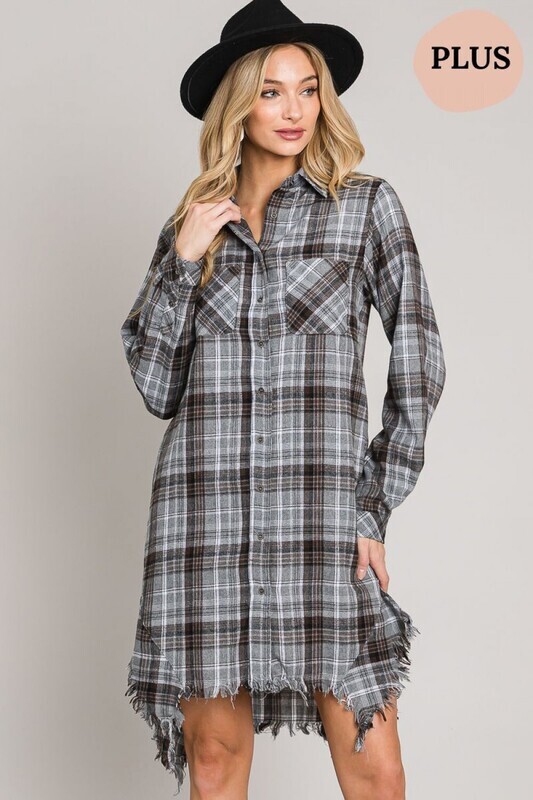 ED5026-2Plus Plaid Button Down Shirt Dress w frayed