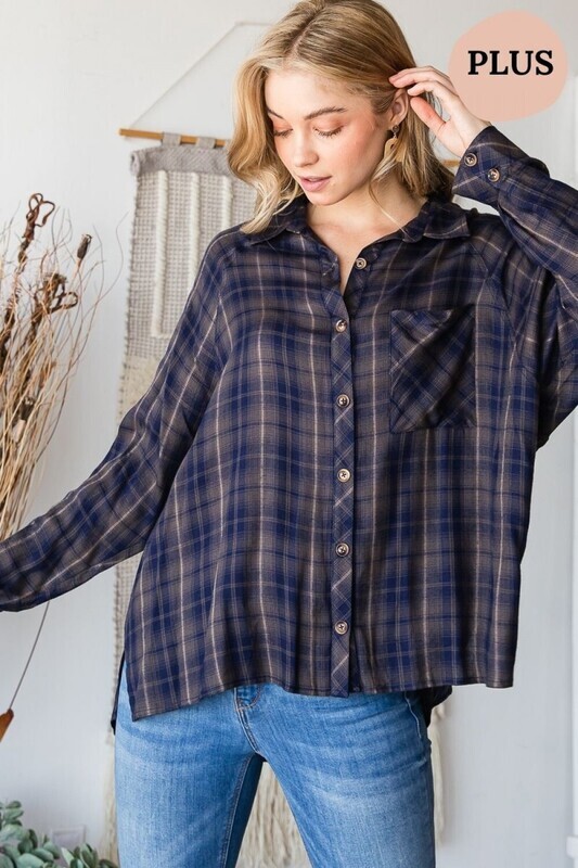 ET1166-1Plus  Super Soft Oversize Plaid Button Down Shirt
