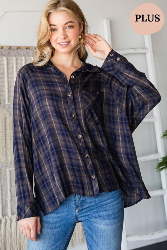 ET1166-1Plus  Super Soft Oversize Plaid Button Down Shirt