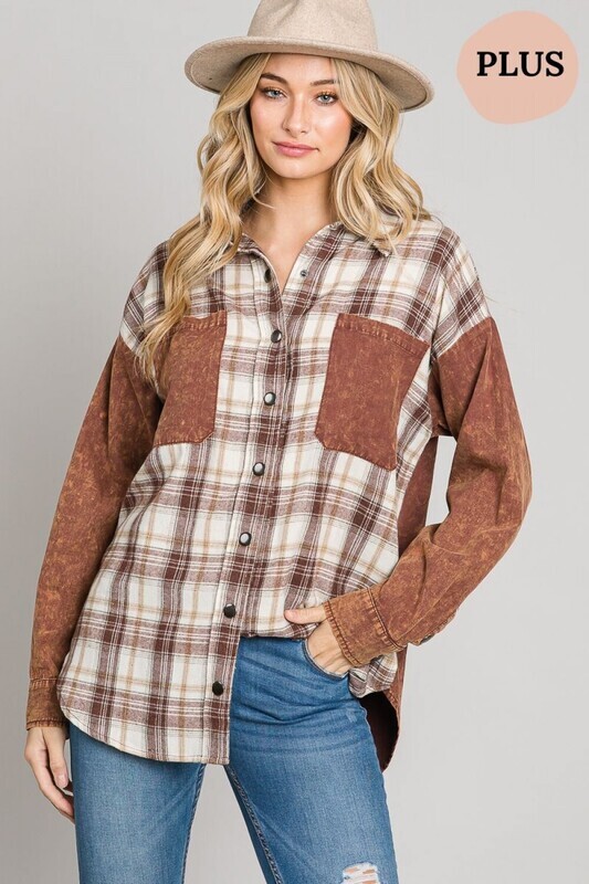 ET1401Plus  Washed Button Down Plaid Mixed Shirt