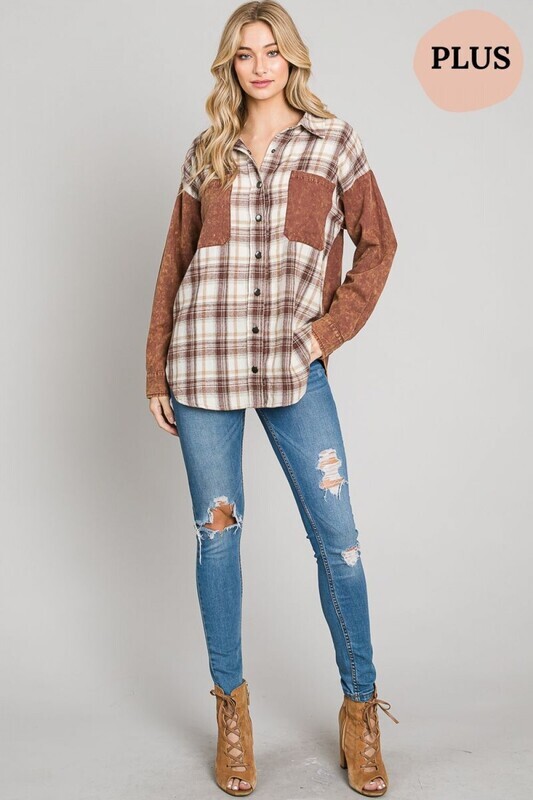 ET1401Plus  Washed Button Down Plaid Mixed Shirt