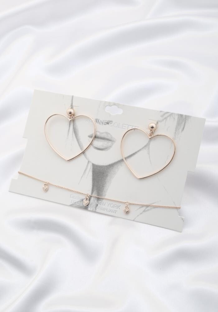 YN-1164-YS   Heart Dangle Choker Earring Set   Rose Gold