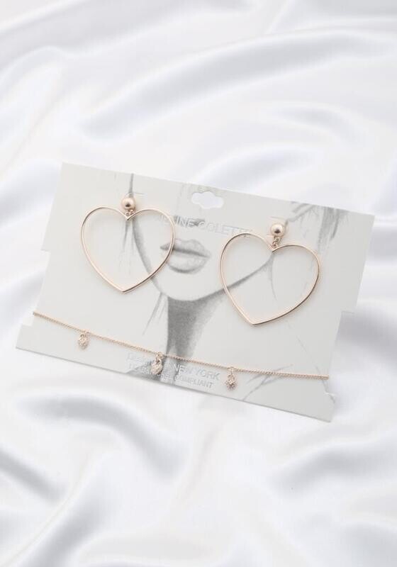 YN-1164-YS   Heart Dangle Choker Earring Set   Rose Gold