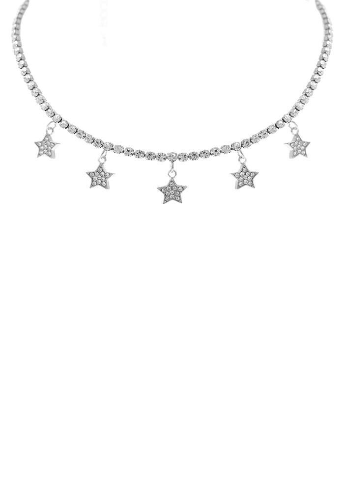 17741   Rhinestone 5 Star Choker Necklace, Color: Silver