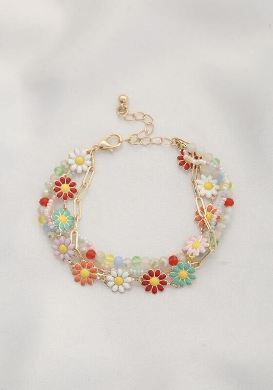 OBR-3074   Flower Beaded Layered Bracelet   Multi