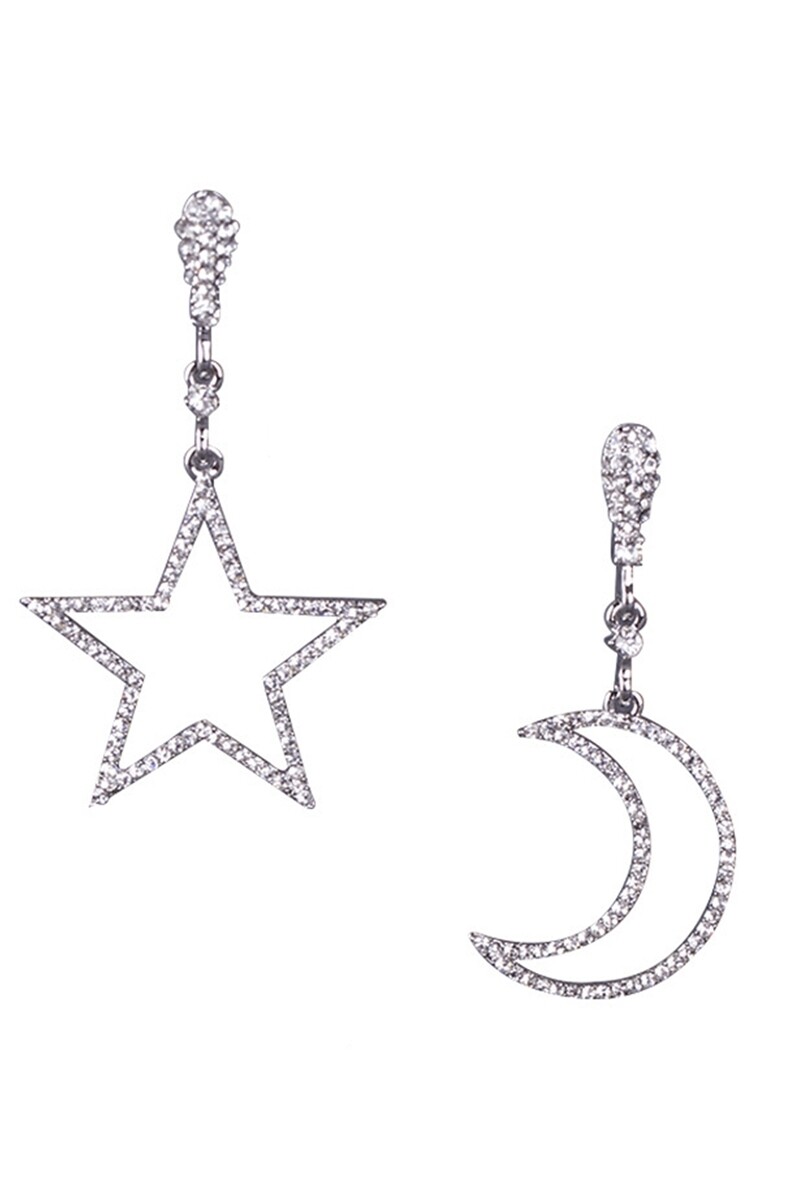 E7261    Moon star Rhinestone Clip on Earrings   Silver