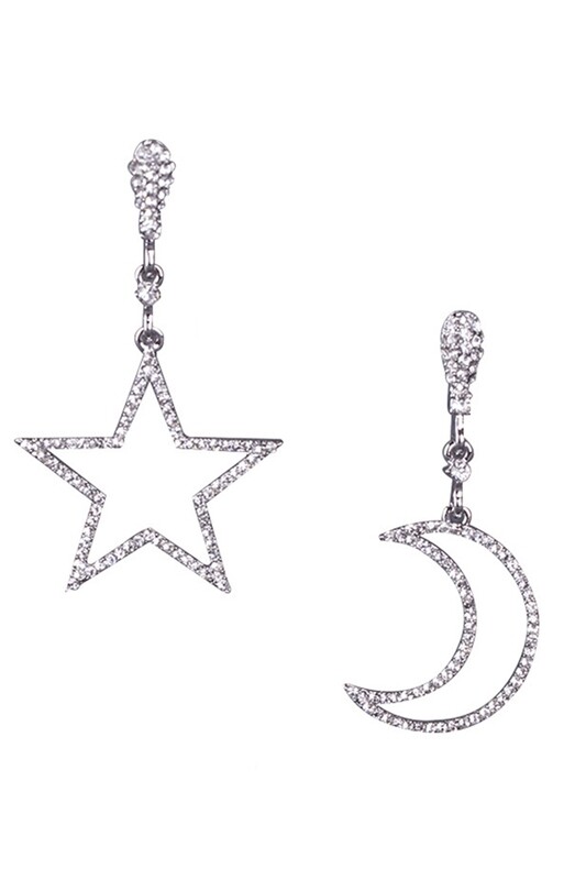 E7261    Moon star Rhinestone Clip on Earrings   Silver