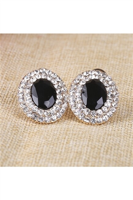 E6646   Oval Rhinestone Stud Clip On Earrings   Black