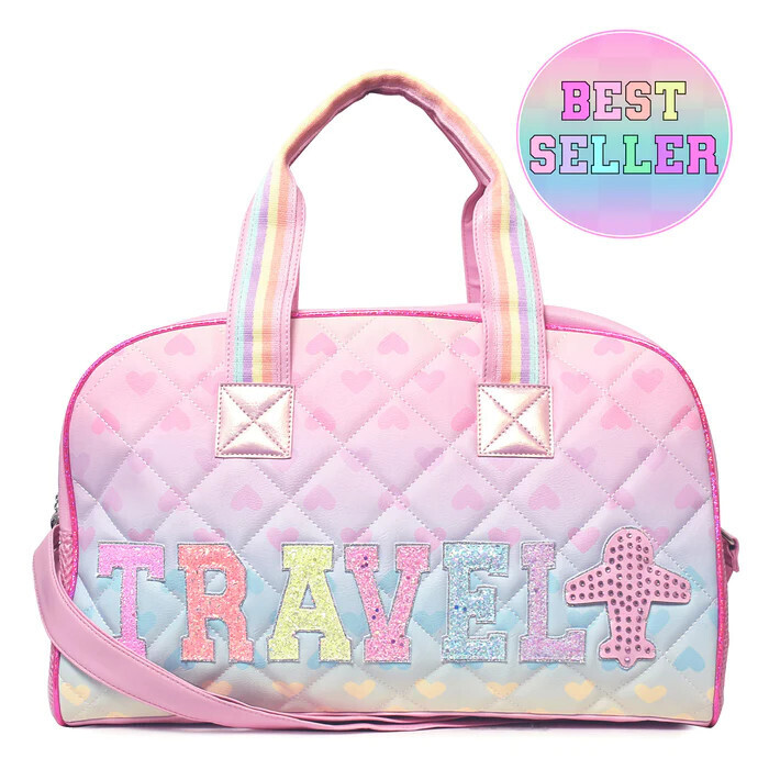 Miss Gwen&#39;s OMG Accessories &quot;TRAVEL&quot; Large Heart-Printed Duffle Bag Pink