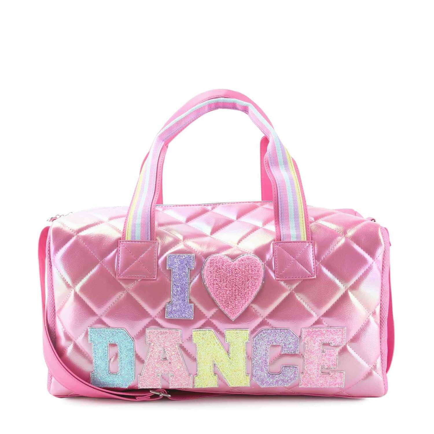 Miss Gwen&#39;s OMG Accessories &quot;I LOVE DANCE&quot; Quilted Metallic Large Duffle Bag