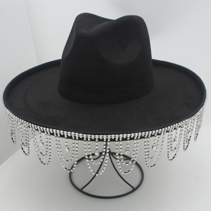 IHT-72409   RS Curtain Drape Fringe Faux Suede Wide Brim Fedora   Black