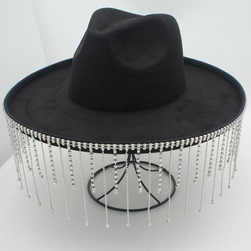 IHT-72408   Verigated RS Fringe Faux Sued Wide Brim Fedora   Black