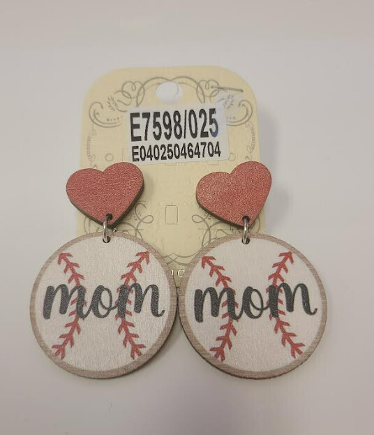 E7598   Wooden Mom Baseball Earrings