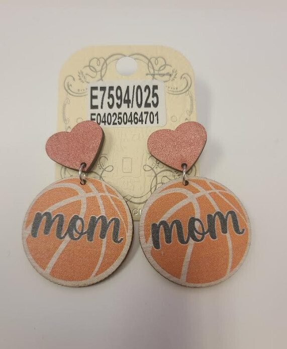 E7594   Wooden Mom Basketball Earrings