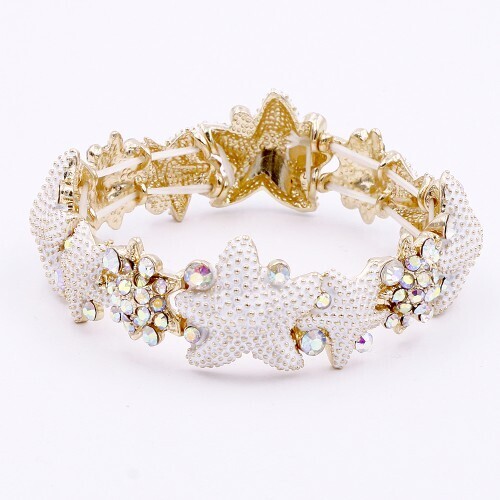 BW2242    Gold Plated  Star Fish &amp; AB Crystal Strertch Bracelets, Color: White