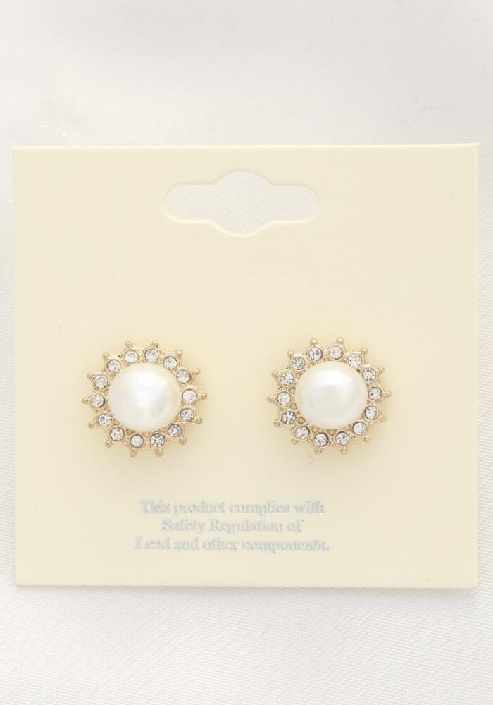 E-2437   Flower Shape Pearl Rhinestone Earring, Color: Gold